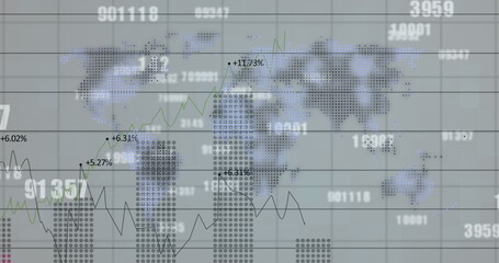 Image of financial data processing and numbers changing over world map
