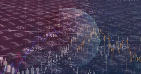 Image of financial data and binary coding processing over globe