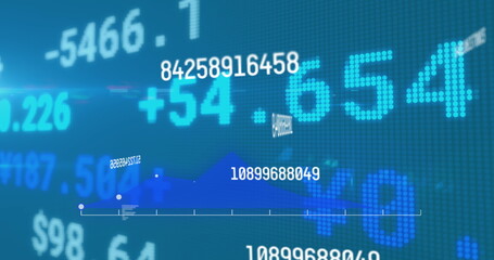 Image of numbers changing and financial data processing on blue background