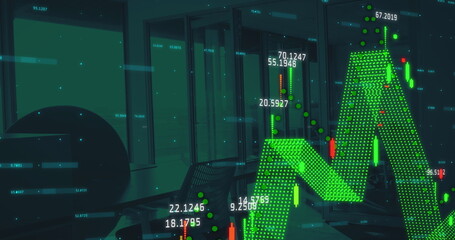 Image of financial data processing with statistics over empty office