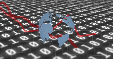 Image of financial data processing with red lines and globe spinning over binary coding