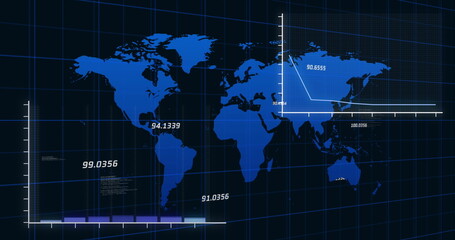 Image of financial data processing with statistics over world map