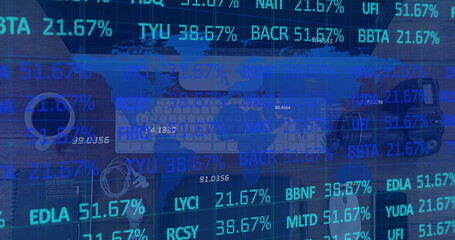 Image of financial data processing over desk with computer