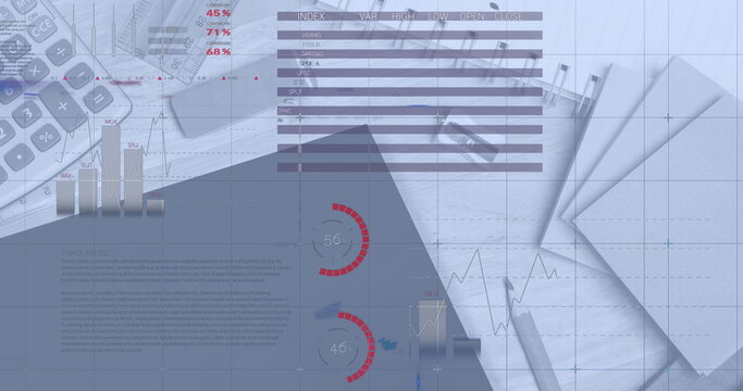 Digital composite image of statistical data processing against office equipment on desk