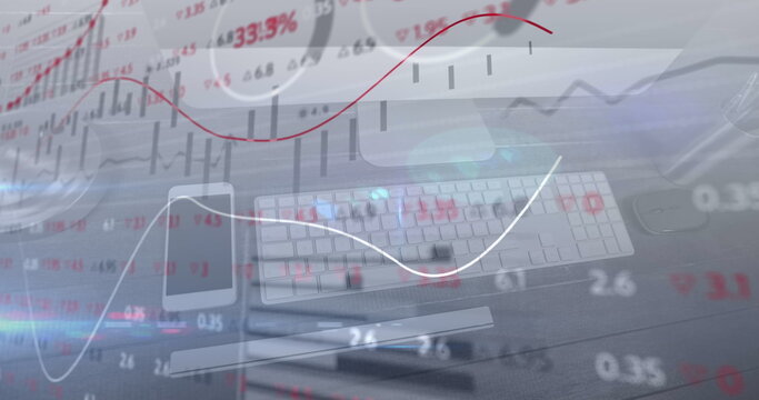 Digital composite image of financial data processing against office equipment on desk