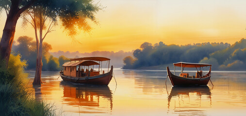 sunset over the boats and river generative ai