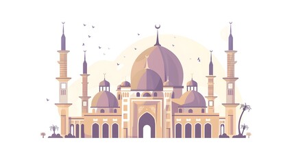 Serenity at dusk Majestic mosque silhouette with birds soaring