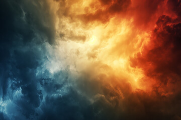 Abstract background with stormy clouds in dark blue, orange and red