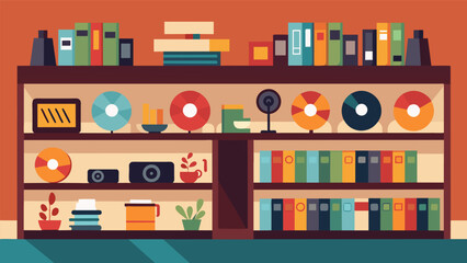 In the corner of the bustling cafe a row of shelves holds records of all genres on display for customers to flip through and select for the background Vector illustration