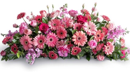 Fototapeta premium A vibrant arrangement of fresh pink gerberas roses and alstroemeria displayed on a crisp white backdrop offering the perfect spot for adding your message of congratulations