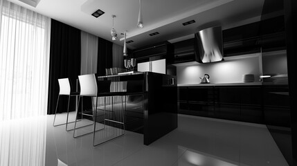 Fototapeta premium Modern kitchen interior design in black and white style 