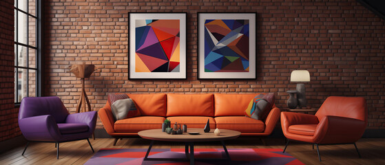 Vibrant living space with an orange sofa and abstract wall art in a modern loft. A cozy, modern loft featuring a bright orange sofa, abstract paintings, and stylish furnishings under warm lighting
