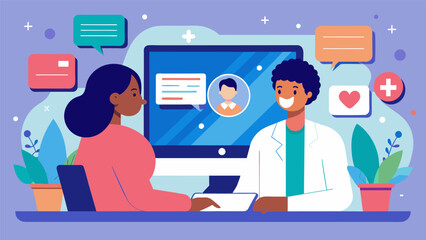 In a virtual telemedicine appointment a doctor talks to a patient through a screen discussing the potential financial costs and insurance coverage.