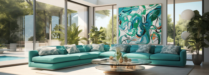 Sunlit modern living room with abstract art and a view of the pool. A spacious living room basked...