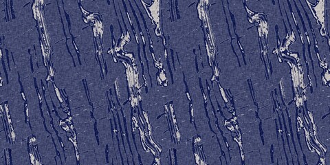 Denim blue dye effect seamless woven linen background, Distressed ink blotch mottled repeat pattern design for fashion border banner ribbon.
