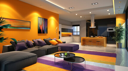 modern living room interior with vibrant colors on wall