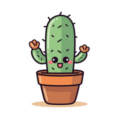 Cute cactus cartoon character smiling, potted plant illustration, happy plant. Cheerful cactus vector design, cartoonish succulent face, isolated white background. Animated green illustration