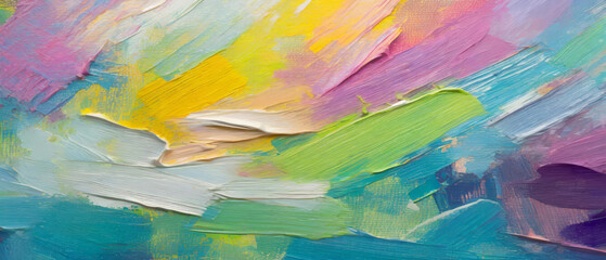 Fototapeta premium Close-up abstract art with multicolor rough paint in soft pastel colors and oil brush stroke texture. Mixing cheerful and colorful spring summer tones painting with a palette knife on canvas.