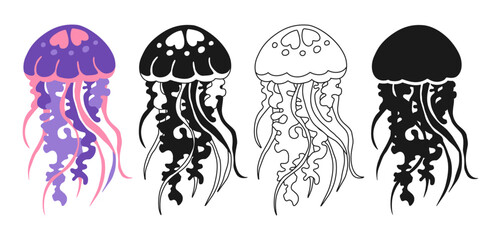 Sea jellyfish cartoon hand drawn sign set. Ocean cute medusa underwater swimming animal flat silhouette, symbol linear design. Comic marine swimming jellyfish animal for children vector illustration