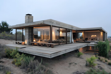 Fototapeta premium Modern contemporary illuminated house design exterior. Luxurious new construction home with panoramic windows, pool, patio