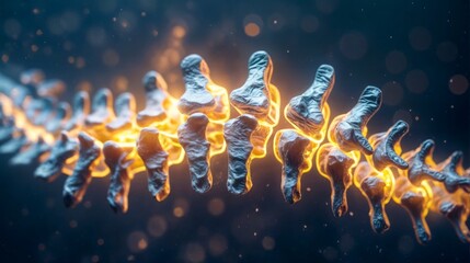 a close-up of a spine, represented by a series of interconnected bones. The bones are depicted as on fire, with the flames appearing orange and yellow.