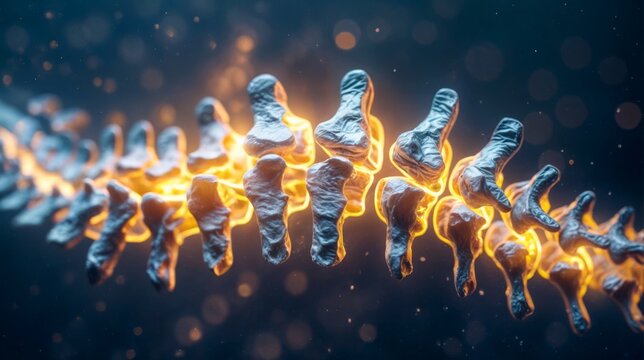 a close-up of a spine, represented by a series of interconnected bones. The bones are depicted as on fire, with the flames appearing orange and yellow.