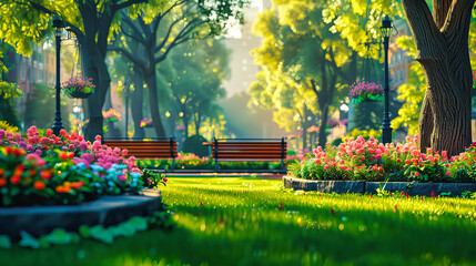 Obraz premium Lush Spring Meadow in Park, Blooming Flowers with Bright Sunlight, Perfect for a Relaxing Day