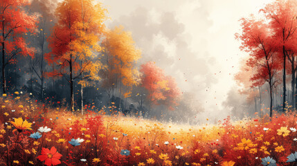 Autumn Forest Watercolor Landscape Dreamy High Resolution Digital Illustration