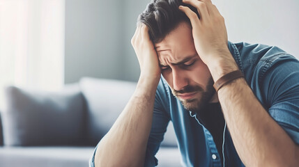 a depressed man seated in an indoor setting, his head cradled in his hands, suggesting a state of deep thought or emotional distress. The background is blurred with contemporary decor