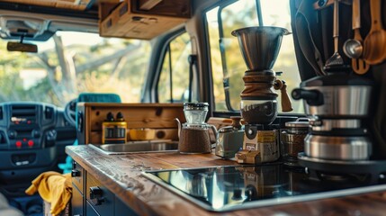 Interior of converted camper van or camping RV kitchen, coffee kettle and grinder stand on indoor table.