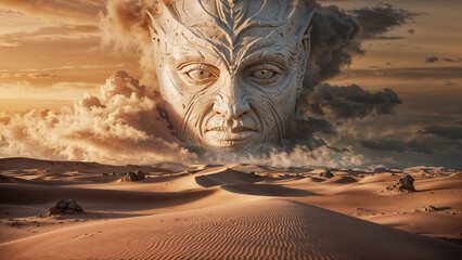 Fantasy desert dunes landscape with a gigantic stone statue head of a mythical earth elemental demi god appearing from the clouds on the horizon. 