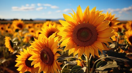 Obraz premium A field of sunflowers, with their bright yellow petals and dark brown centers.