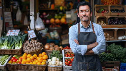 Obraz premium Male owner of local grocery store standing outside