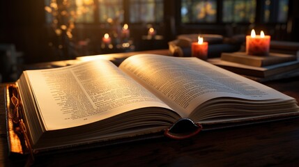 An open book with candles in the background.