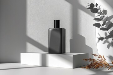 Black matte glass perfume bottle on a white podium against a gray background.