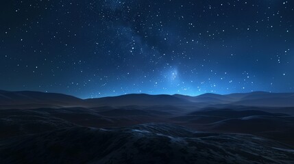 Starry night over desert hills with blue tones. Night sky landscape photography. Space exploration and nature concept.