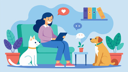 A therapy session involves using AI pet companions to help patients with anxiety or loneliness.. Vector illustration
