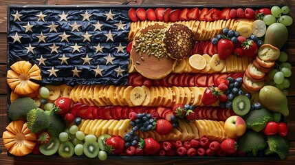 American flag made out of food, like pancakes or fruit, creating a playful image