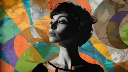 Modern portrait of a woman with multicolored abstract design. Artistic expression and pop art concept.