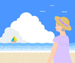 夏の素材：海で入道雲が出た青空を笑顔で見上げるシニア女性