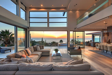 Modern contemporary illuminated house design exterior. Luxurious new construction home with panoramic windows, pool, patio