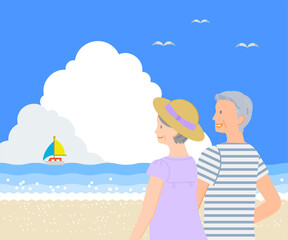 夏の素材：海で入道雲が出た青空を笑顔で見上げるシニア男女