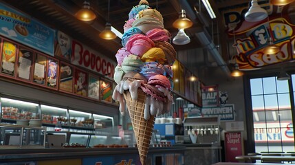 A towering ice cream cone sculpture at a concession stand.