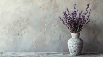 A beautiful arrangement of dried purple lavender sits in a vase atop a table against a light gray wall This mockup exudes positivity and leaves room for poignant inspirational words quotes 