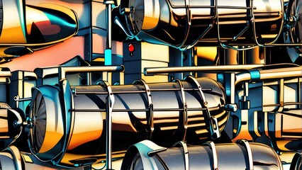 Futuristic abstract composition of metallic tubes and reflective surfaces