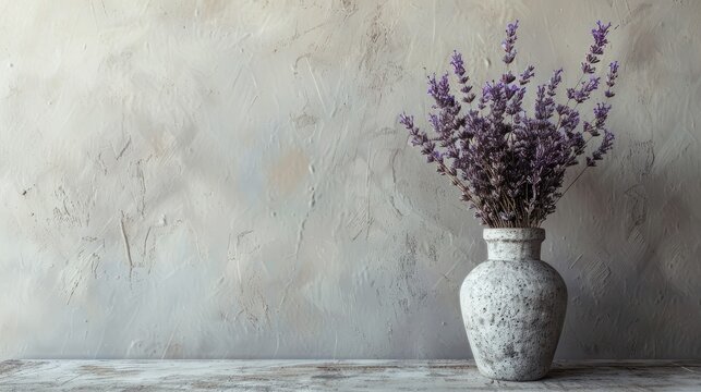 A beautiful arrangement of dried purple lavender sits in a vase atop a table against a light gray wall This mockup exudes positivity and leaves room for poignant inspirational words quotes 
