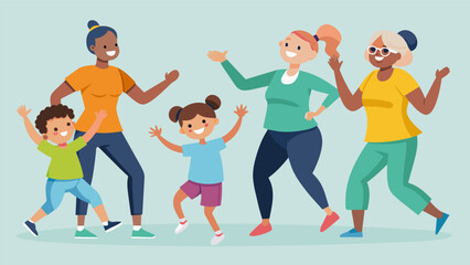 MultiGenerational Fitness Day kicks off with an energetic Zumba class featuring participants of all ages from toddlers to grandparents.. Vector illustration