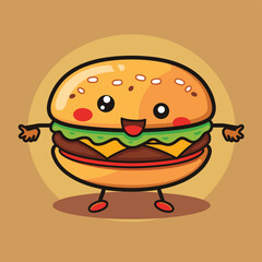 Cartoon burger character with a happy face and open arms on a beige background.