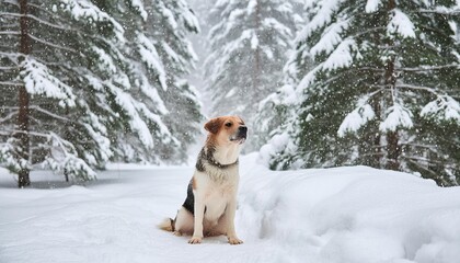 A dog waits for his owner in the snow in a cold forest.