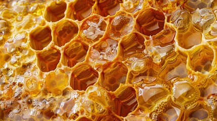 A close up of honeycomb with honey dripping from it